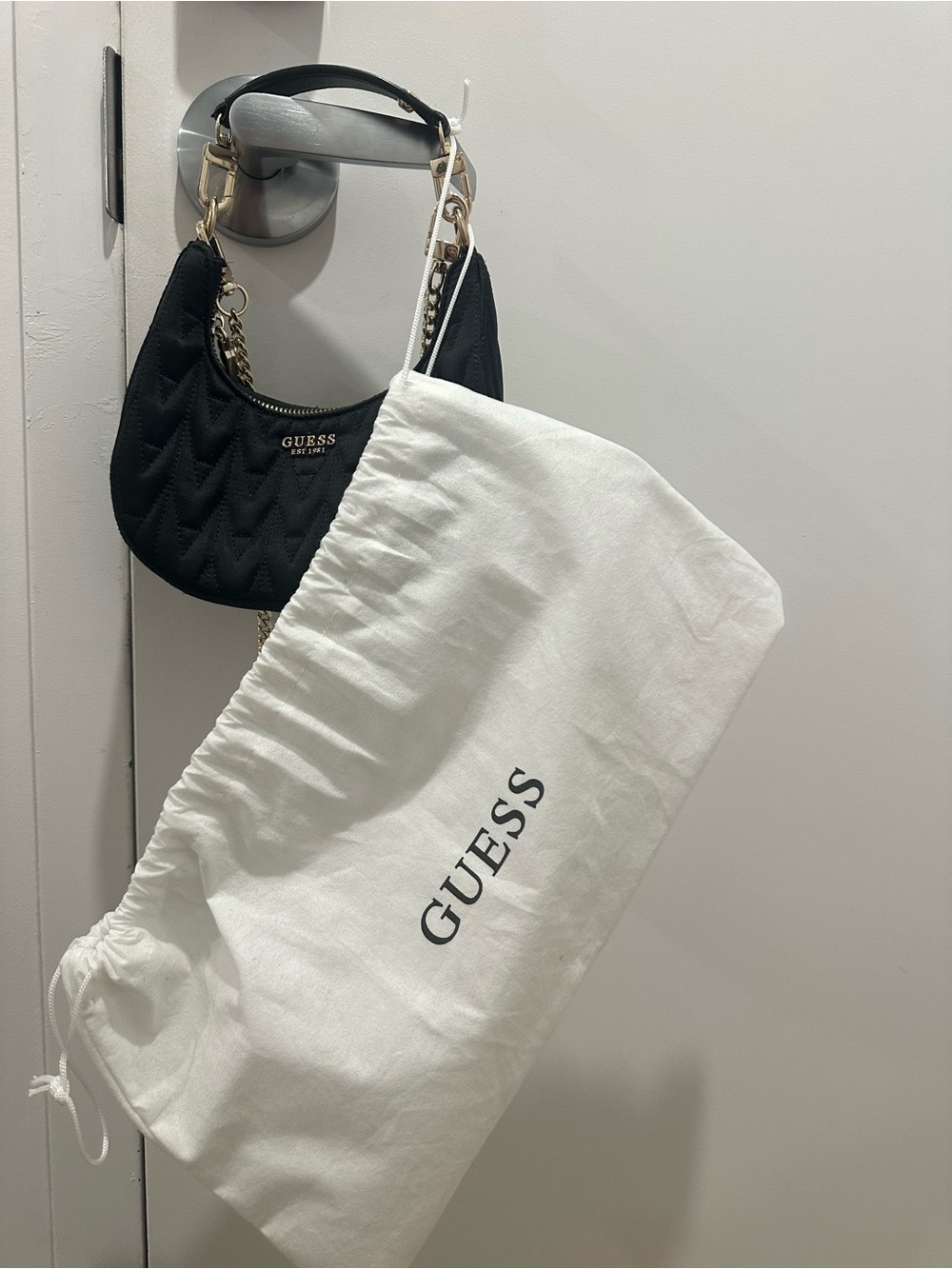 GUESS Black Quilted Crescent Mini Shoulder Bag with Gold Hardware - Picture 3 of 3